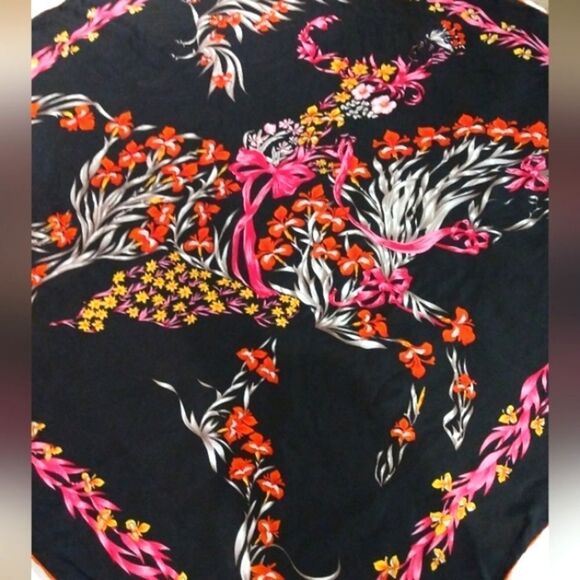 Vintage Floral Black & Pink Silk Scarf Horse Flowers Cheval Fleuri Foulard - Picture 12 of 16